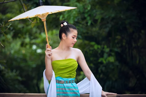 Young Asian Girl Northern Thai Dress Local Umbrella Flowers Green — Stock Photo, Image