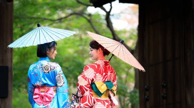 Japonya 'da sonbahar yaprakları mevsiminde, elinde şemsiyeyle parkta yürüyen mavi ve kırmızı kimonolu iki genç Asyalı kadın.