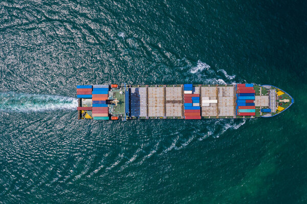 shipping cargo containers transportation import export International  business services open sea aerial top view from drone