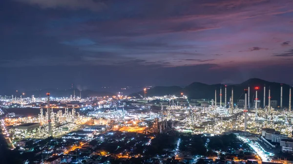Aerial View Twilight Oil Refinery Factory Petrochemical Plant Blue Sky — Stock Photo, Image