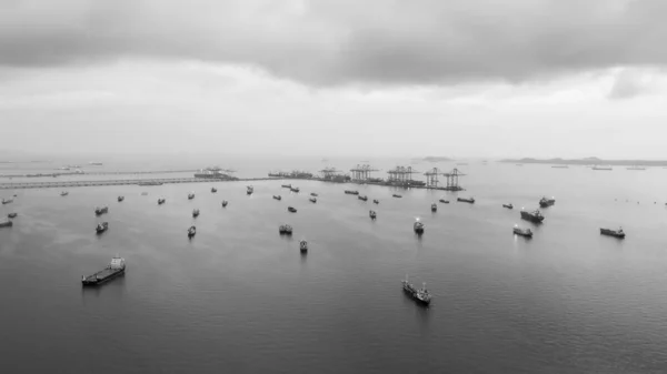 Aerial View Oil Ship Tanker Parking Sea Cloud Storm Background — Foto de Stock
