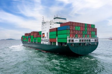 rear view of container ship logistics goods transportation import and export International by container cargo ship in the ocean, global business and industry service transportation of good by sea concept,