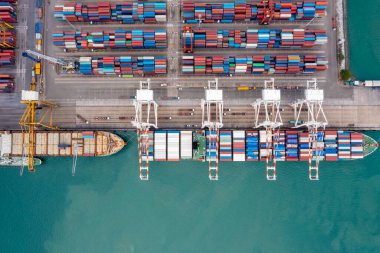 container ship load and unloading container via crane for logistics, import export goods internationally around the world, including Asia Pacific and Europe, top view