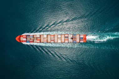 Container ship full speed sailing in deep sea for transporting cargo logistic import and export goods internationally around the world, including Asia Pacific and Europe, business and industry delivery service transportation concept,Aerial top view p