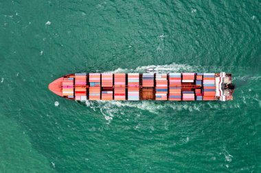 container vessels business and industry service export and import cargo by marine container vessels to distributing goods to consumers and supplier asia pacific and worldwide, aerial top view  from drone