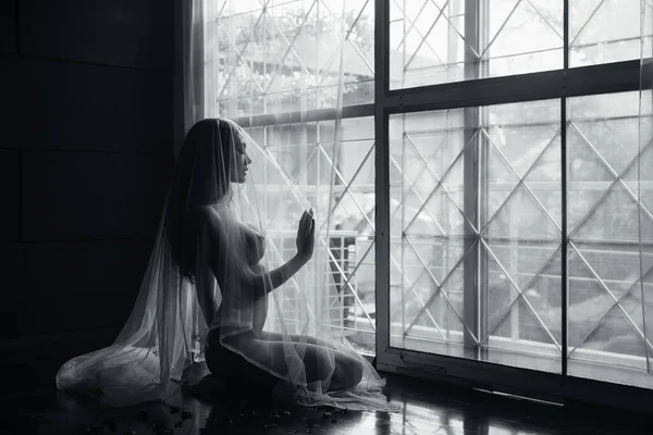 black and white young asian women model sitting poses naked by the window light only a thin curtain envelops her and dark background, lady sexy emotion of art concept,