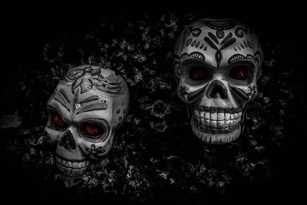 Background Picture Black White Two Headed Skull Halloween Art — Stock Photo, Image