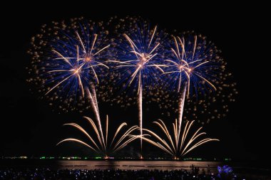 PATTAYA, CHONBURI, THAILAND, - NOVEMBER gecenin güzel ışıkları, renkli havai fişekler, Pattaya Uluslararası Havai fişek Festivali ve siluet grubu turistler oturup kumsaldaki yıllık havai fişek gösterisini izliyorlar..