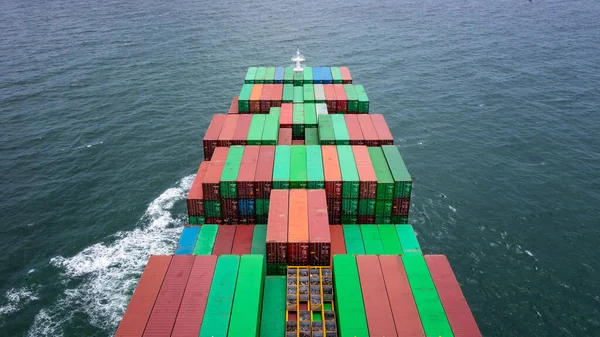 Container ship transporting cargo logistic to import export goods internationally around the world, including Asia Pacific and Europe, business and industry service of goods logistic transportation by container ship in sea concept, Aerial view