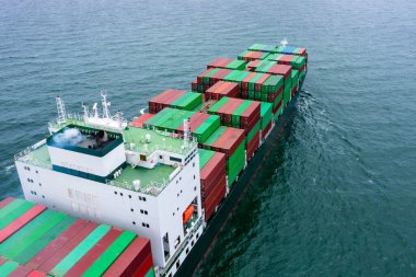 container vessels business and industry service export and import cargo by marine container vessels to distributing goods to consumers and supplier asia pacific and worldwide, aerial view  from drone