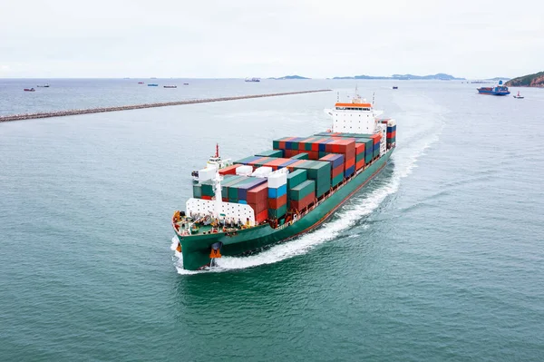 container ship to import export marine goods to dealers and consumers across the pacific and around the world, businesses and industries Ocean freight forwarding, aerial view