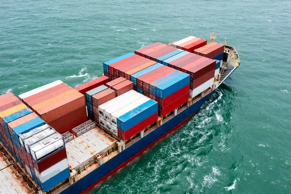 Container ship transporting cargo logistic to import export goods internationally around the world, including Asia Pacific and Europe, business and industry service of goods logistic transportation by container ship in sea concept, Aerial view