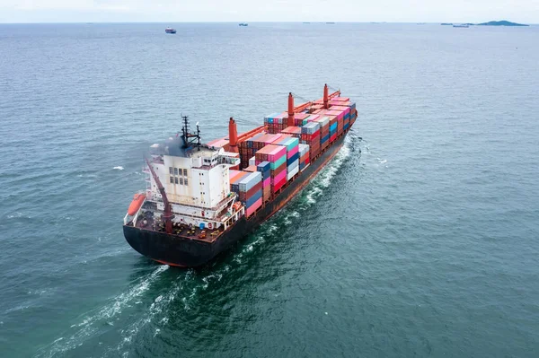 Container ship transporting cargo logistic to import export goods internationally around the world, including Asia Pacific and Europe, business and industry service of goods logistic transportation by container ship in sea concept, Aerial view