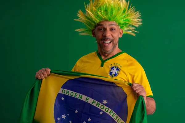 Homem Afro Brasileiro Torcedor Seleção Brasileira Futebol Copa 2022 Com — Fotografia de Stock