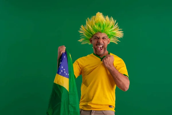Homem Afro Brasileiro Torcedor Seleção Brasileira Futebol Copa 2022 Com — Fotografia de Stock