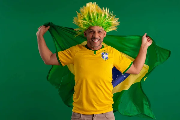 Afro Brasiliansk Man Anhängare Det Brasilianska Fotbollslaget 2022 Cupen Med — Stockfoto