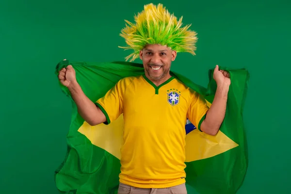 Homem Afro Brasileiro Torcedor Seleção Brasileira Futebol Copa 2022 Com — Fotografia de Stock