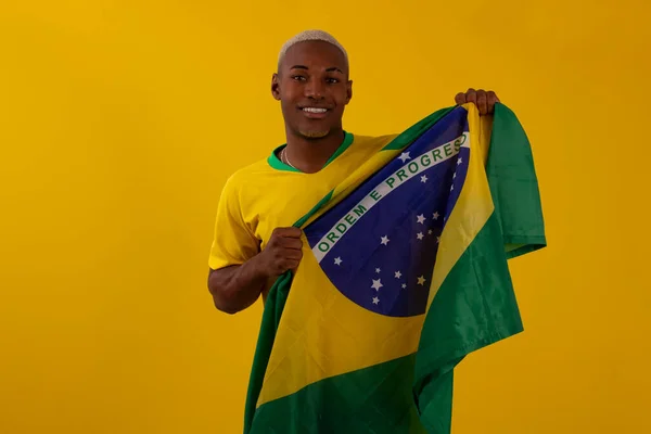 Black Skinned Man Holding Flag Brazil Wearing Shirt Brazilian Soccer — Stockfoto