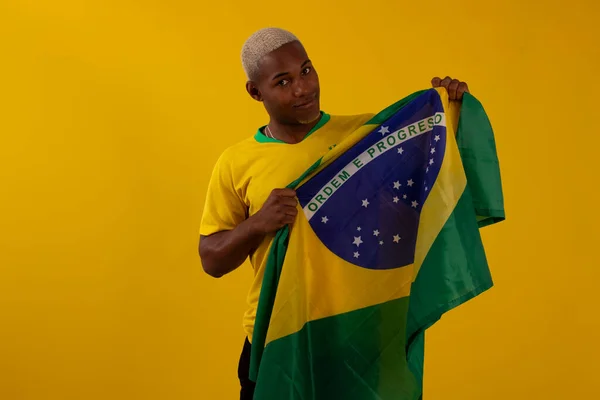 Black Skinned Man Holding Flag Brazil Wearing Shirt Brazilian Soccer — Stockfoto