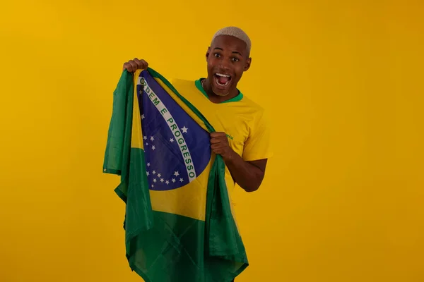 Black Skinned Man Holding Flag Brazil Wearing Shirt Brazilian Soccer — Stockfoto