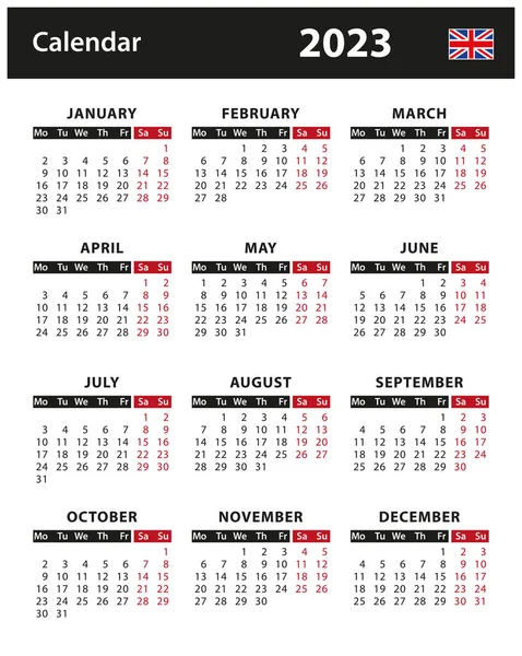 2023 Календар Векторна Ілюстрація Англійська Версія — стоковий вектор