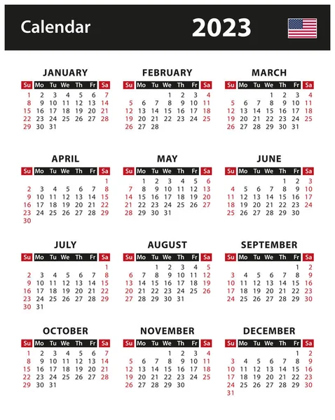 2023 Calendar Vector Stock Illustration English American Version — Stock Vector