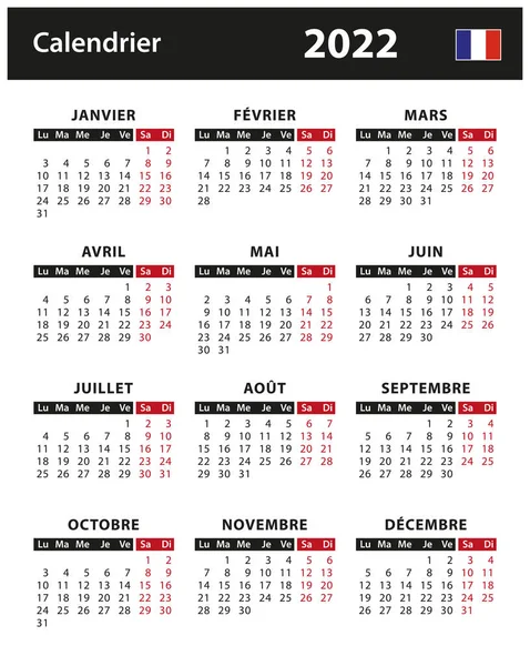 2022 Календар Векторна Ілюстрація Франція Французька Версія — стоковий вектор