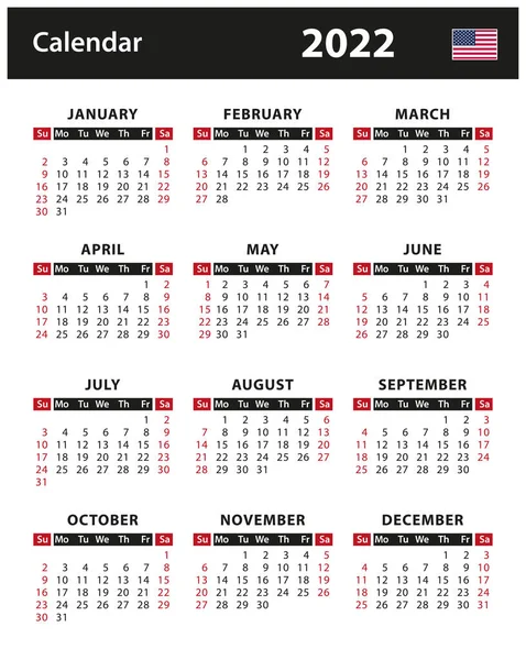 2022 Calendario Ilustración Stock Vectorial Versión Inglesa Americana — Vector de stock