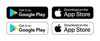 Apple App mağazası, Google Play mağazası uygulama indirme düğmeleri. İzole edilmiş siyah simgeler ayarlandı. Mobil uygulama, UI elementleri indir. Vektör illüstrasyonu. 