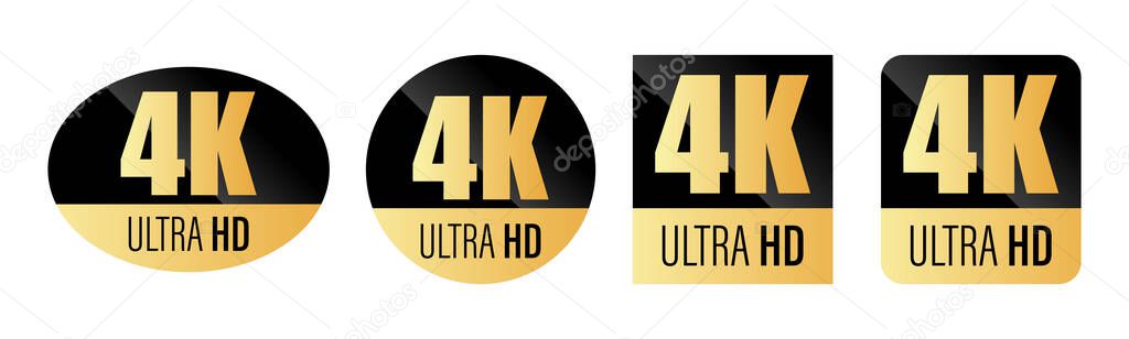 4K ULTRA HD icon. Vector 4K symbol of High Definition monitor display resolution standard. Gold label