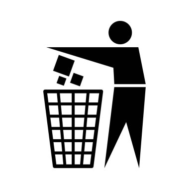 Çöp tenekesi simgeleri. Düz vektör temizleme işareti. Adam ve çöp kutusu. Temiz kal. Çöpü geri dönüştür. Çöplerini düzgün at..