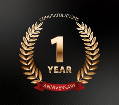 Birinci yıl dönümü altın defne çelengi. Yıldönümü kutlaması logosu. Vektör illüstrasyon Düzenlenebilir. Altın defne damgası.