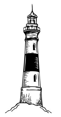 Deniz feneri çizimi. El çizimi vektör çizimi. Kaya oyma vektör illüstrasyonunda deniz feneri. Siyah beyaz el çizildi.