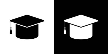 Eğitim ikonları. Vektör çizimi. Öğrenci şapkası simgesi seti. Mezuniyet başlığı simgesi seti.