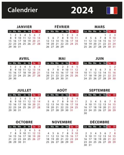 2024 Calendar Vector Stock Illustration France French Version — 스톡 벡터