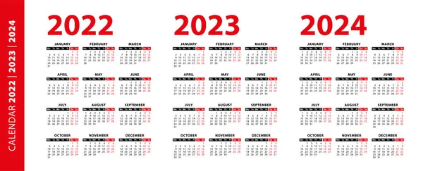 Календар 2022 2023 2024 Років Ізольовано Білому Тлі Тиждень Починається — стоковий вектор