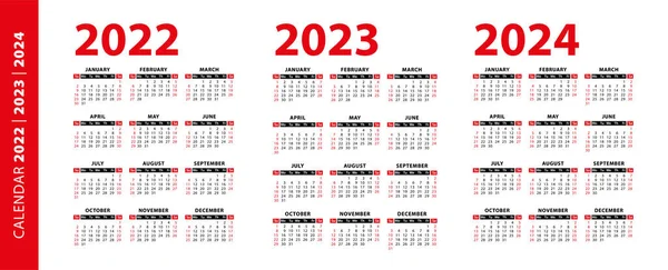 Kalender 2022 2023 2024 Jaar Geïsoleerd Witte Achtergrond Week Begint — Stockvector