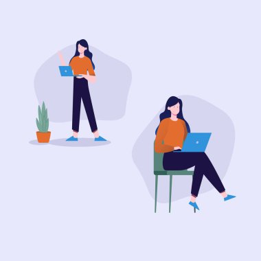 Dizüstü bilgisayarda farklı pozisyonlarda çalışan kadınların yaratıcı iş görüntüleri