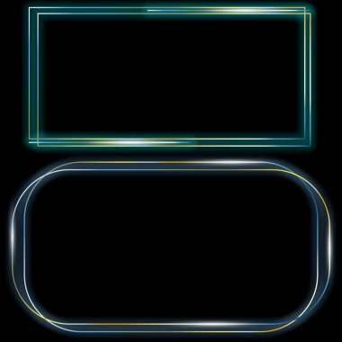   Neon çerçeveli arka planlar. Karanlık bir arka planda dekoratif çerçeveler. Pankart, kartpostal, tebrik kartı, web afişi, poster, arka plan, broşür, modern çerçeve tasarımı için tasarım. Vektör