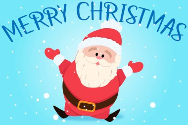 Noel Baba 'lı kış resimleri ve Merry Christmas yazıları. Yılbaşı ve Noel için şenlikli kış illüstrasyonu. Etiket, vektör çizimi, tebrik kartları posteri, baskı, ambalaj, afiş, web pankartı, poster