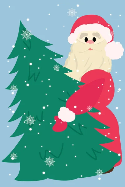 Neujahrskarte Mit Weihnachtsmann Der Einen Weihnachtsbaum Hält Winterillustration Festliche Illustration — Stockvektor