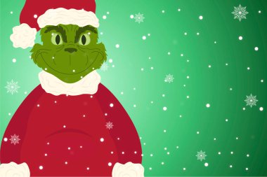 Noel karakterli bir kış çizimi, kar taneli yeşil bir arka planda grinch, noel karakteri. Çocuksu çizgi film karakterli Noel arkaplanı. Tebrik kartları ve mevsimlik tasarımlar için tasarım