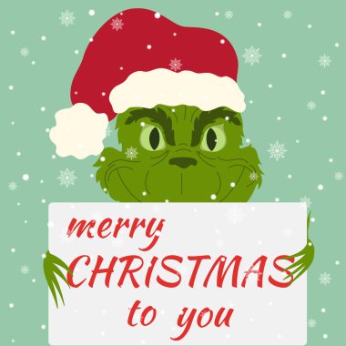 Kış illüstrasyonu, Noel karakteri, Grinch amblemi ve yazıtlı mutlu noeller. Çocuksu çizgi film karakterli Noel arkaplanı. Tebrik kartları, posterler, afişler ve mevsimlik tasarımlar için tasarım