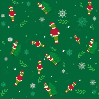 Kusursuz Noel geçmişleri, grinch desenleri, Holly, yeşil arka planda Noel unsurları. Yeni yıl çizgi film karakteri. Kağıt ambalajı, tebrik kartları, posterler, kartpostallar, damgalanmış ambalajlar, kumaş baskısı, duvar kağıdı vs. için mevsimsel tasarım.