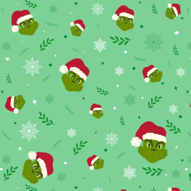 Kusursuz Noel geçmişleri, grinch desenleri, Holly, yeşil arka planda Noel unsurları. Yeni yıl çizgi film karakteri. Kağıt ambalajı, tebrik kartları, posterler, kartpostallar, damgalanmış ambalajlar, kumaş baskısı, duvar kağıdı vs. için mevsimsel tasarım.