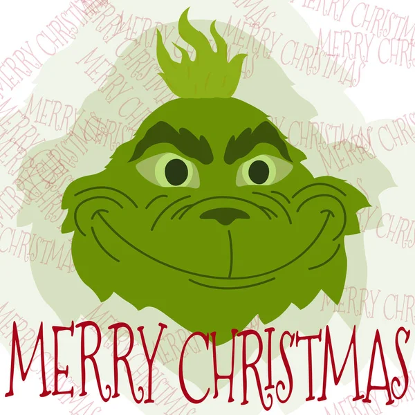 Noel karakteri, grinch, harfli mutlu noeller, noel karakteri. Çocuksu çizgi film karakterli Noel arkaplanı. Tebrik kartları ve mevsimlik tasarımlar için tasarım