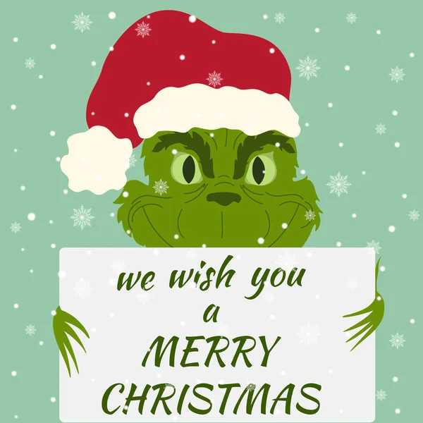 Kış illüstrasyonu, noel karakteri, grinch tabelası ve yazıtları ile size mutlu Noeller diliyoruz. Çocuksu çizgi film karakterli Noel arkaplanı. Tebrik kartları, posterler, afişler için tasarım 