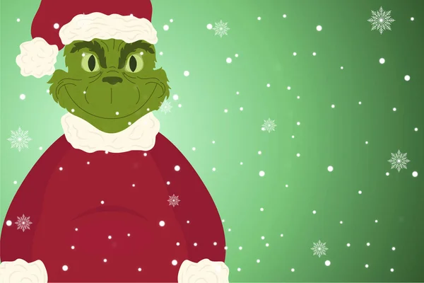 Noel karakterli bir kış çizimi, kar taneli yeşil bir arka planda grinch, noel karakteri. Çocuksu çizgi film karakterli Noel arkaplanı. Tebrik kartları ve mevsimlik tasarımlar için tasarım