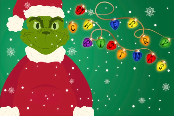 Noel karakteri, Grinch ve yılbaşı ışıkları ve mutlu noel yazıları olan kış çizimleri. Çocuksu çizgi film karakterli Noel arkaplanı. Tebrik kartları ve mevsimlik tasarımlar için tasarım