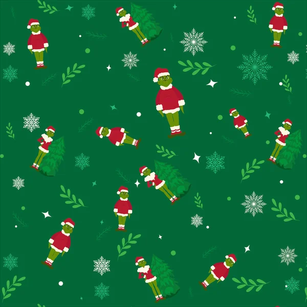Kusursuz Noel geçmişleri, grinch desenleri, Holly, yeşil arka planda Noel unsurları. Yeni yıl çizgi film karakteri. Kağıt ambalajı, tebrik kartları, posterler, kartpostallar, damgalanmış ambalajlar, kumaş baskısı, duvar kağıdı vs. için mevsimsel tasarım.